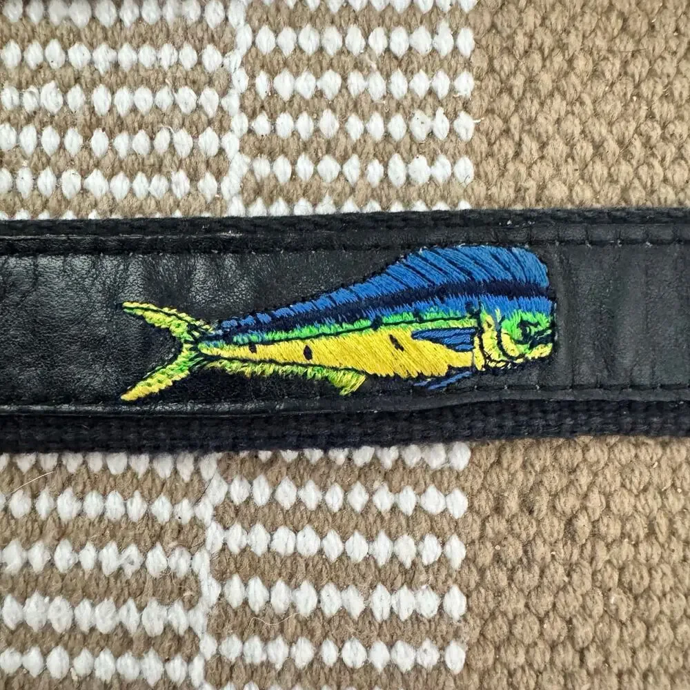 USA Mahi Dorado Fish Embroidered Leather Belt Size 40 Solid Brass Coastal Preppy